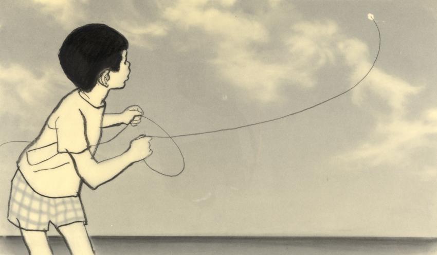 Illustration of boy flying kite. 