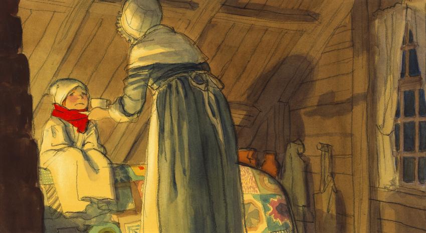 Illustration of sick boy receiving tea.