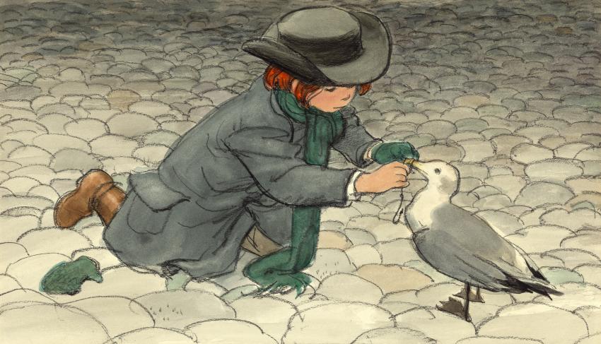 Illustration of boy helping seagull on cobblestone street. 