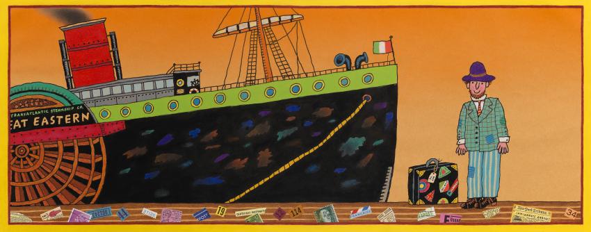 Illustration of man standing next to ship.