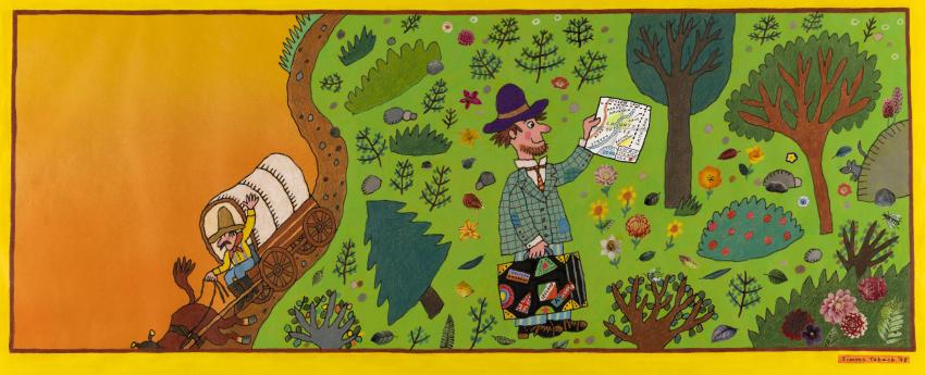 Illustration of man with luggage in rural scene.