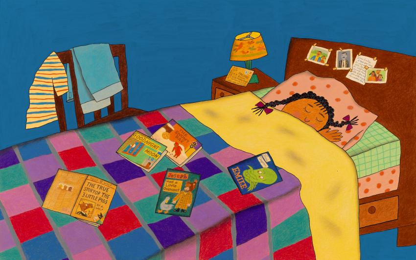 Illustration of girl in bed with books piled on top. 