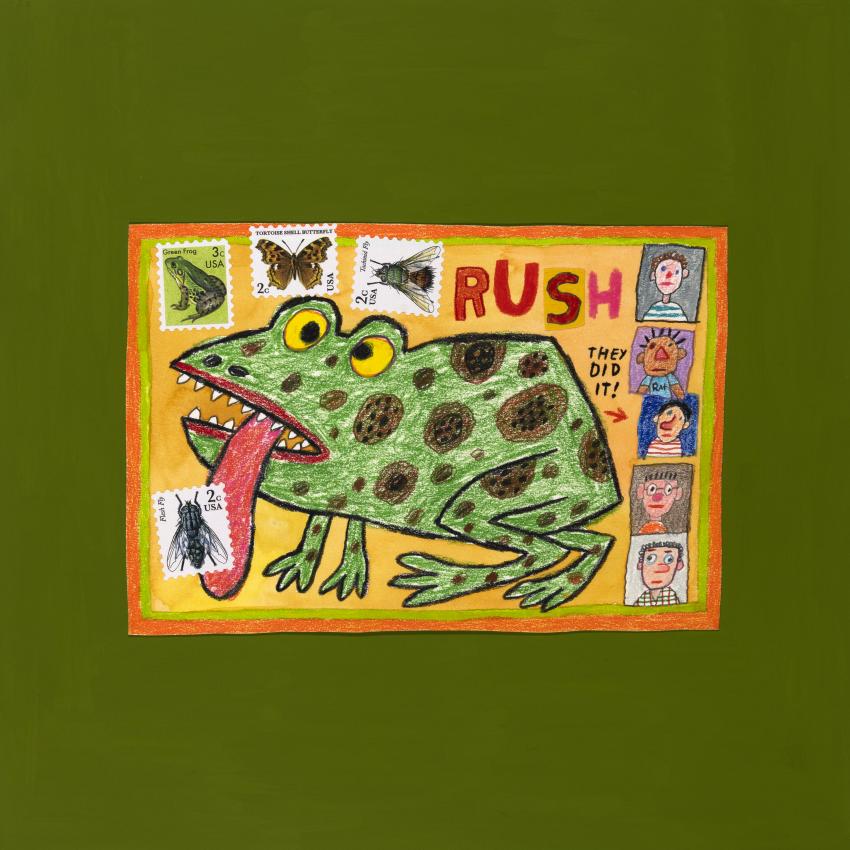 Illustration of frog on front of postcard.