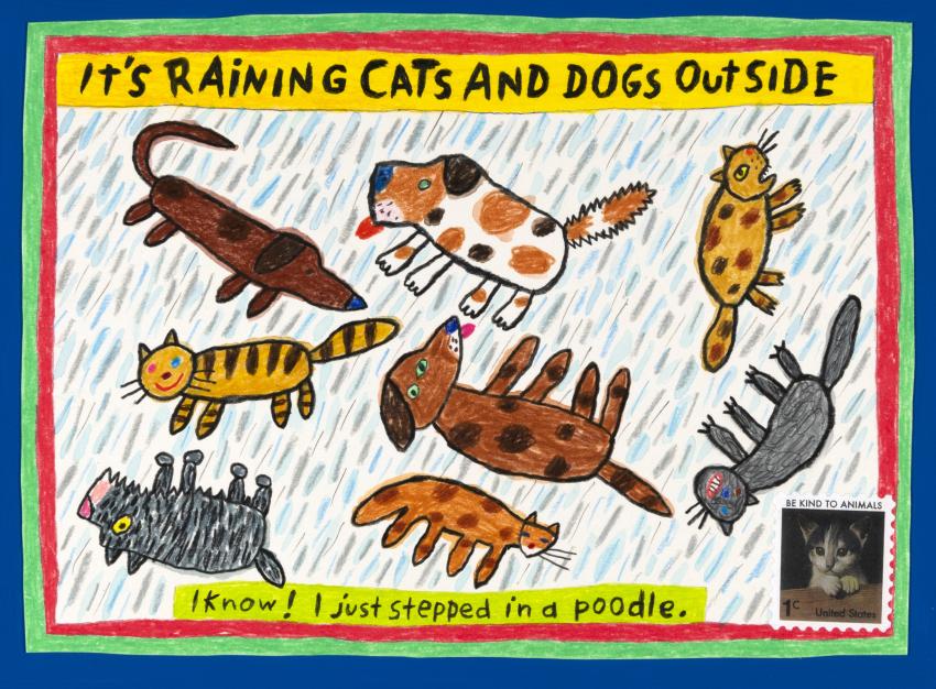Illustration of front of postcard with cats and dogs. 