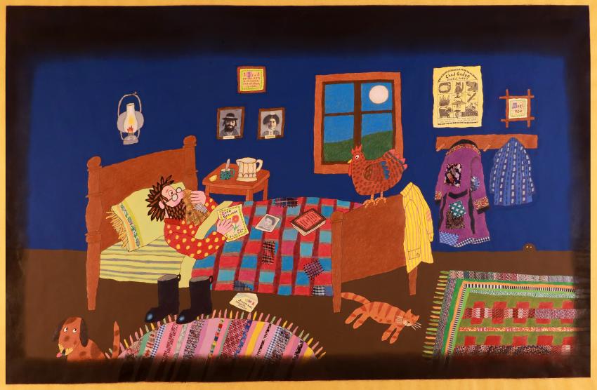 Illustration of man sleeping in bed.