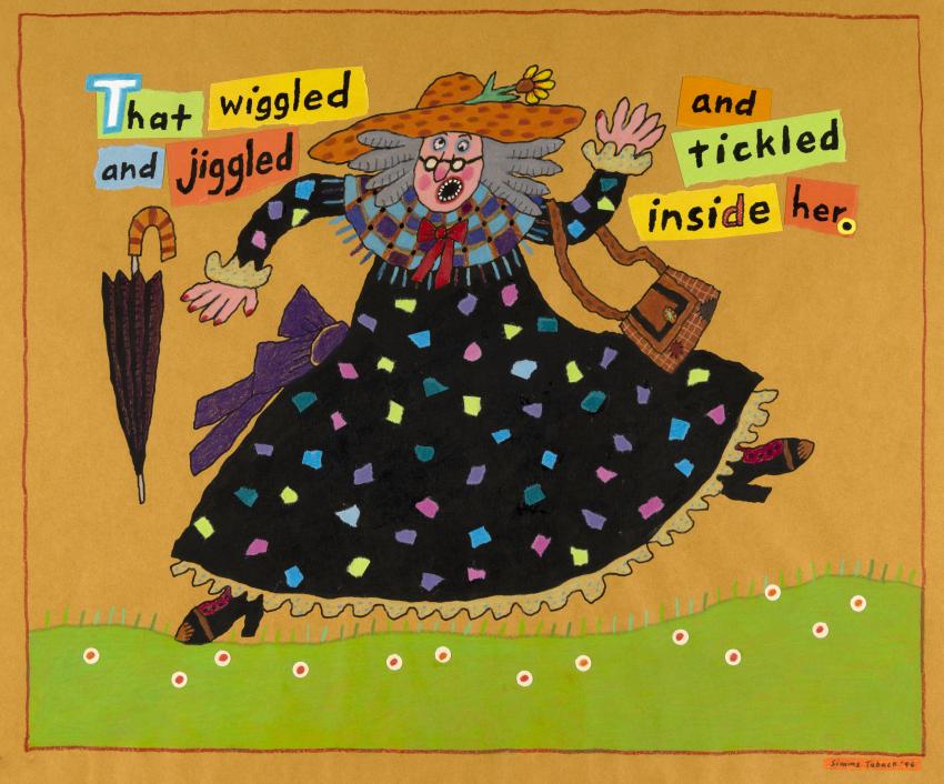 Illustration of woman jumping in air with umbrella.