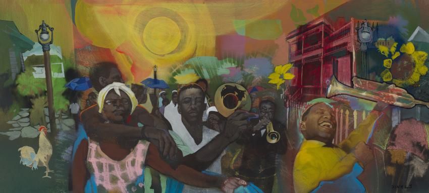 Illustration of people playing music in the street.