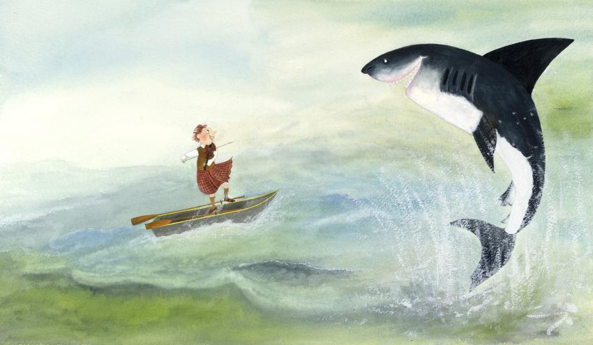 Illustration of child in boat with shark jumping out of water. 