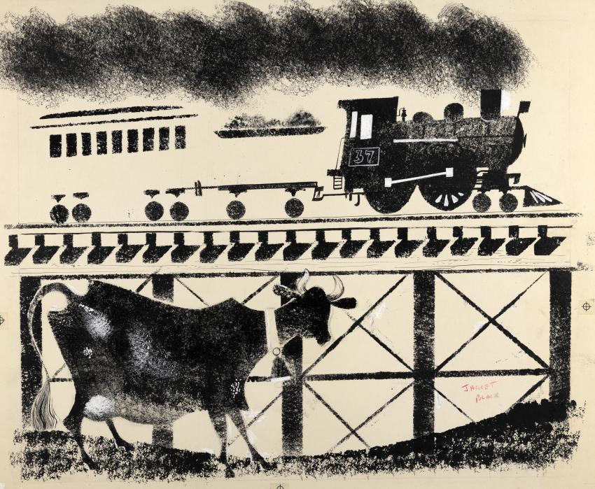 Illustration of cow looking at passing train. 