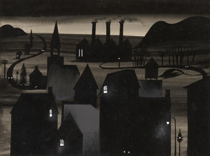 Illustration of houses at night. 