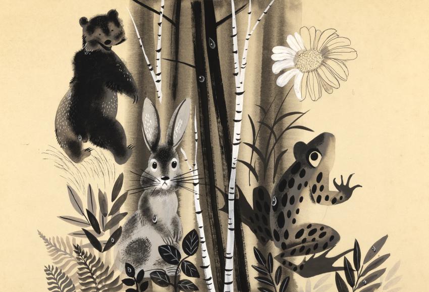 Illustration of frog and racoon and bunny in tree. 