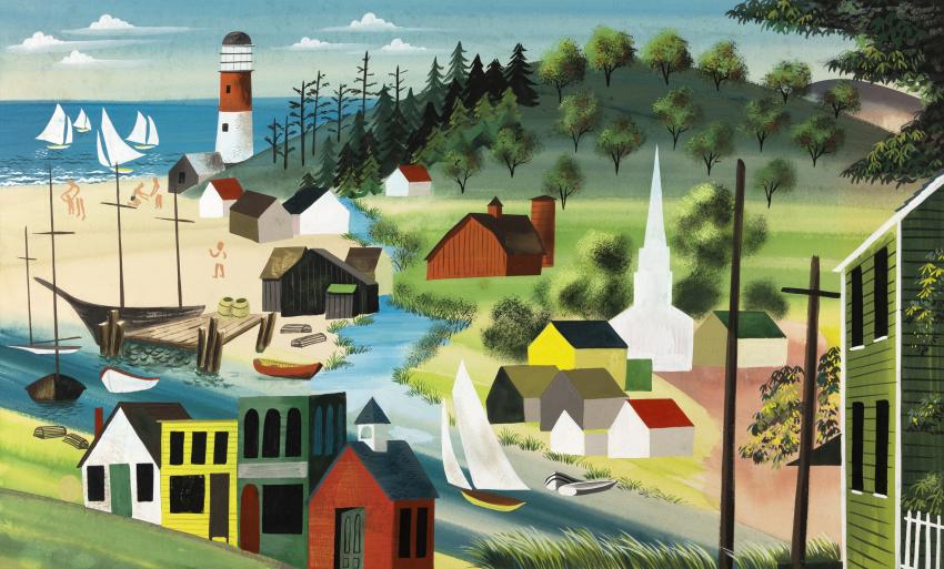 Illustration of rural town with lighthouse in background. 
