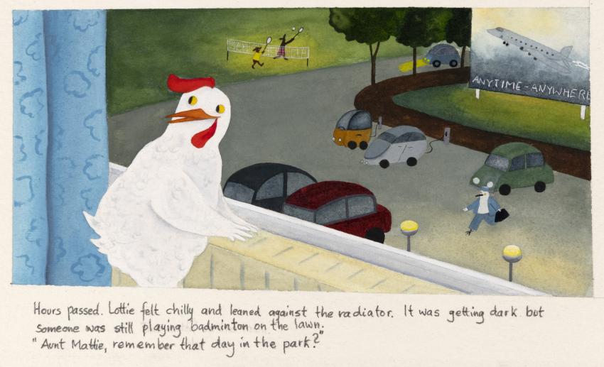 Illustration of chicken looking out window and parking lot. 