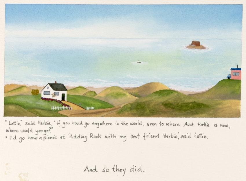 Illustration of rural hillside next to ocean.