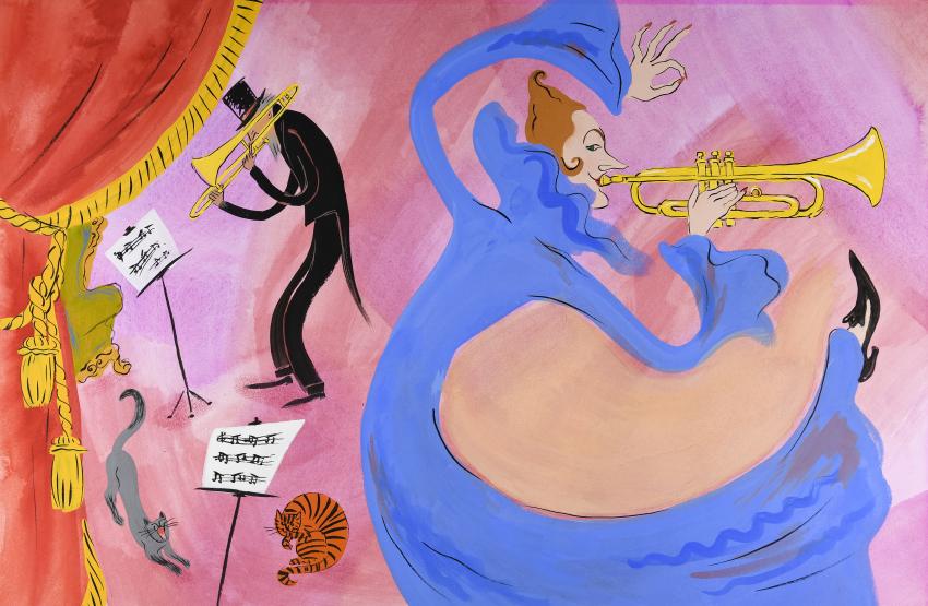 Illustration of people dancing and playing instruments.