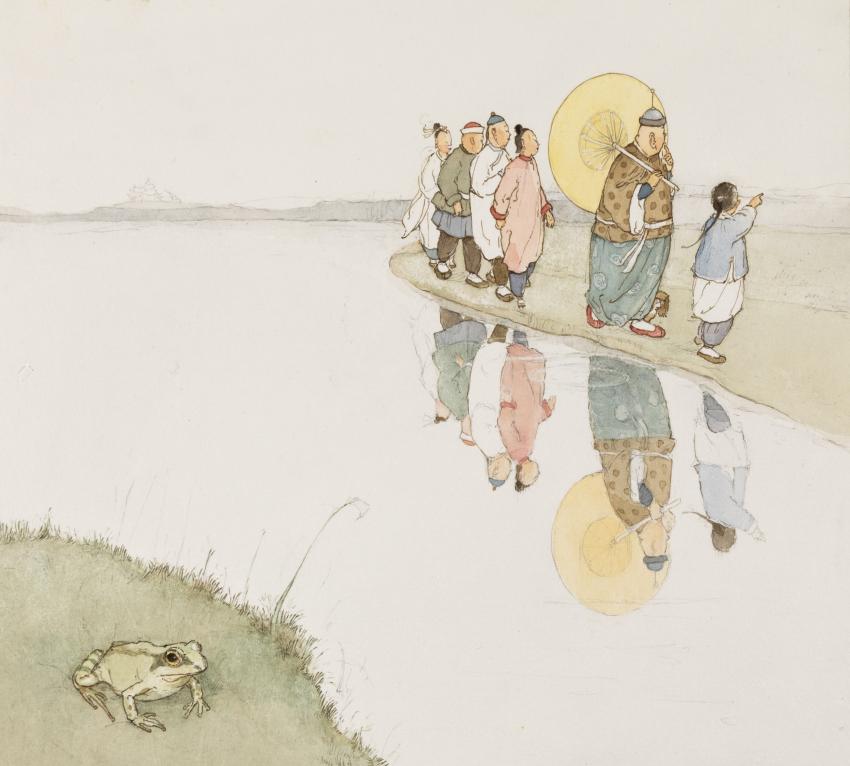 Illustration of people walking by clear water. 