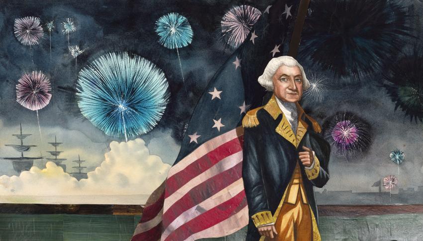 Illustration of George Washington with flag in front of fireworks. 