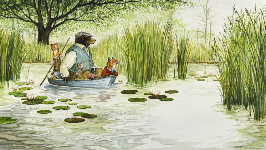 Illustration of animals on canoe in swamp. 