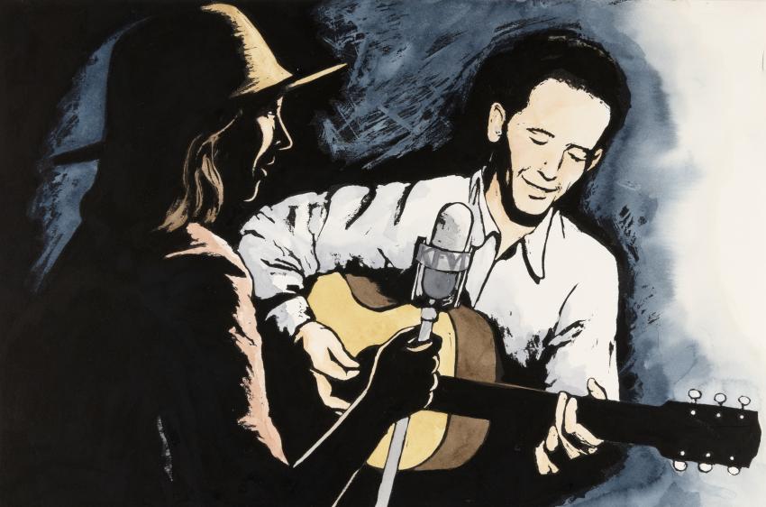 Illustration of man playing guitar and woman singing. 