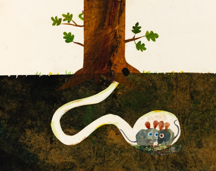 Illustration of two mice in hole beneath tree. 