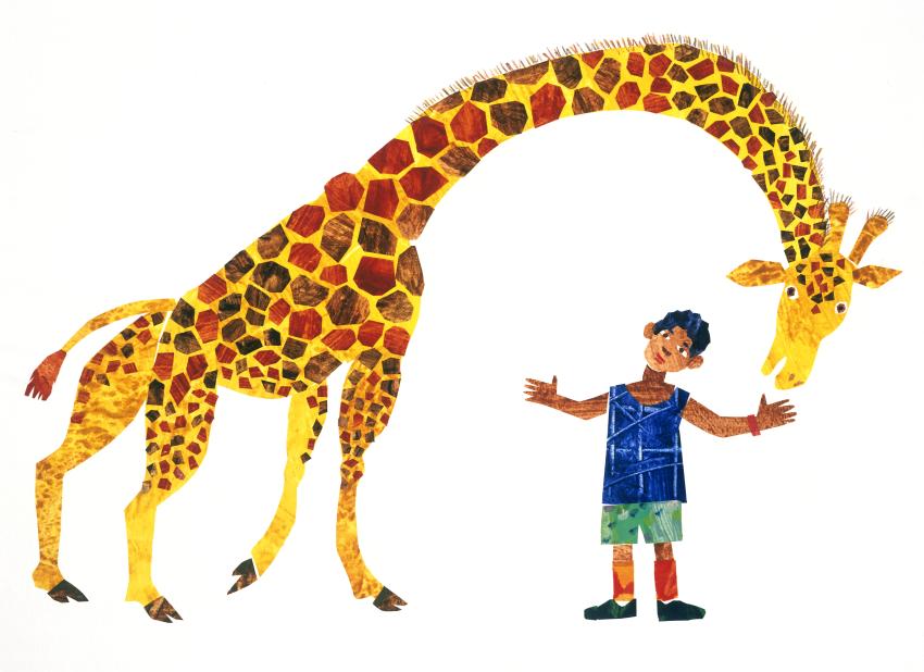 Illustration of giraffe and child. 