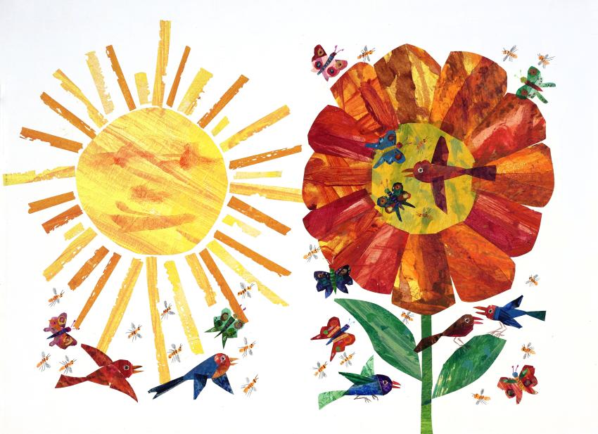Illustration of flower in sunshine with birds. 