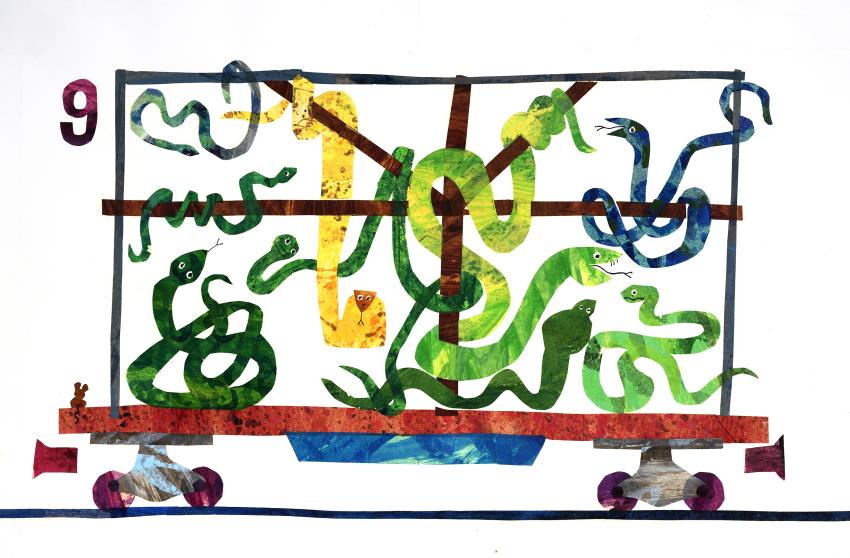 Illustration of snakes on a train car. 