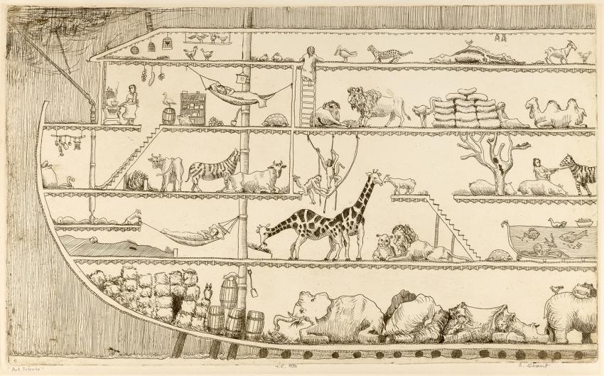 Illustration of cross-section of ark with animals 