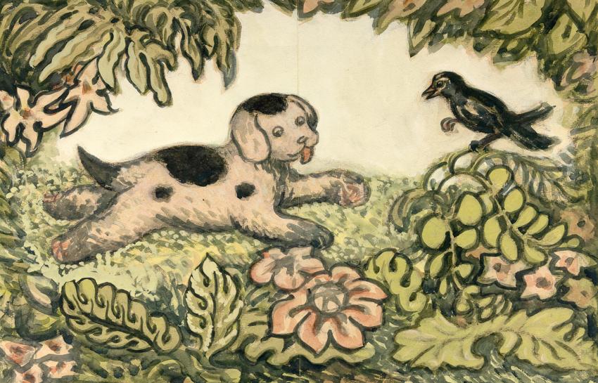 Illustration of black and white puppy with black bird in meadow. 