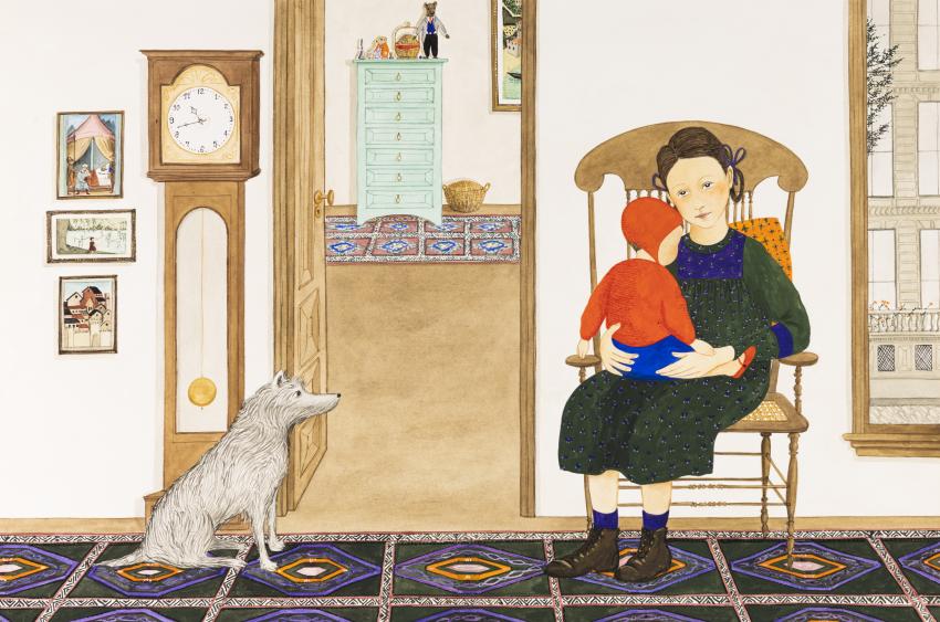 Illustration of girl sitting in chair holding child and dog sitting on carpet.
