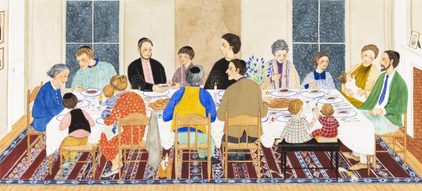 Illustration of people sitting at table. 