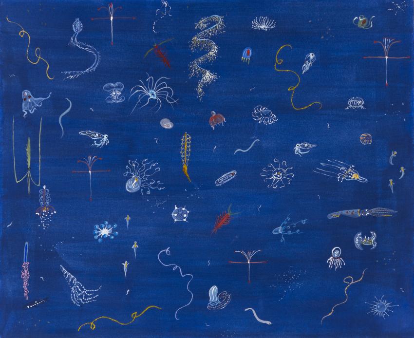 Illustration of marine life in blue water. 
