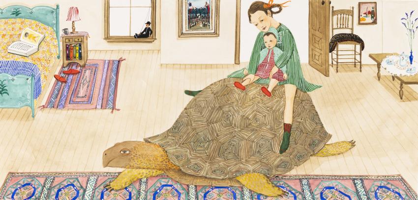 Illustration of turtle with girl riding in bedroom. 