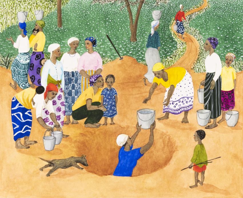 Illustration of people harvesting. 