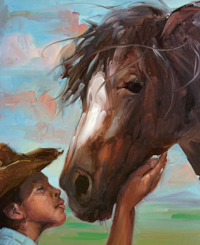 Illustration of boy holding horses face. 