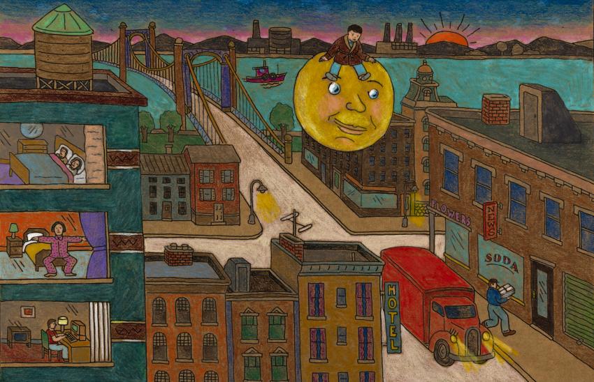 Illustration of moon on city street.