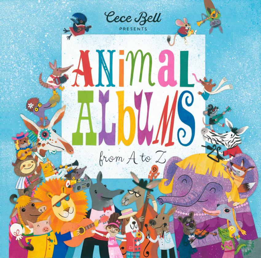 A book cover showing an assortment of animals holding musical instruments, surrounding the words, "Animal Albums from A to Z."