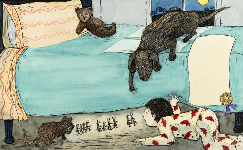 Illustration of child looking under bed with dog. 