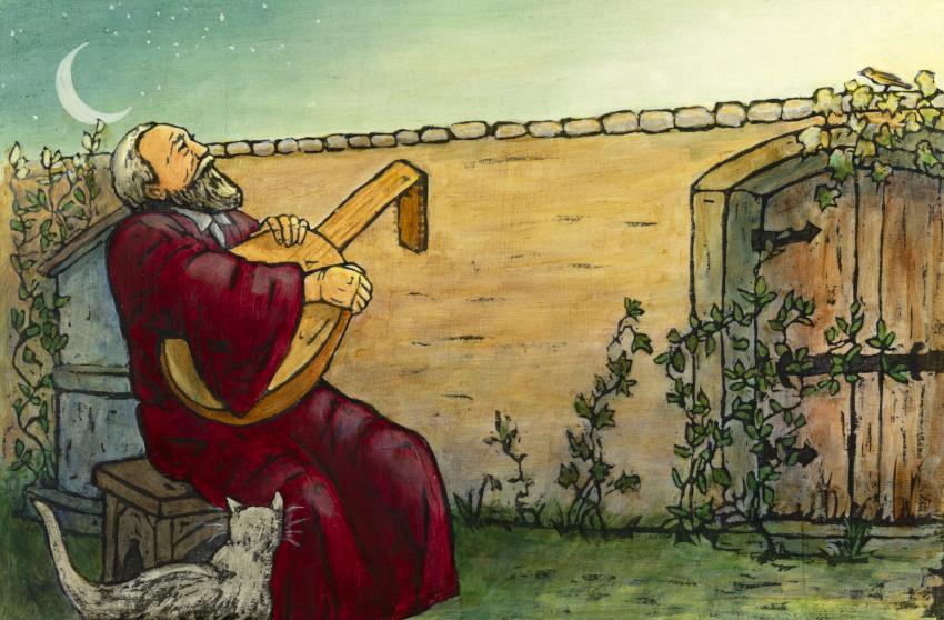 Illustration of man with lute looking at sky. 