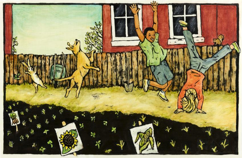 Illustration of kids in garden. 