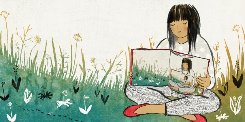 Illustration of girl holding book of herself holding book in recursive image.