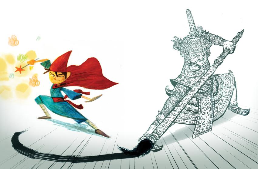 Illustration of person drawing character on page.