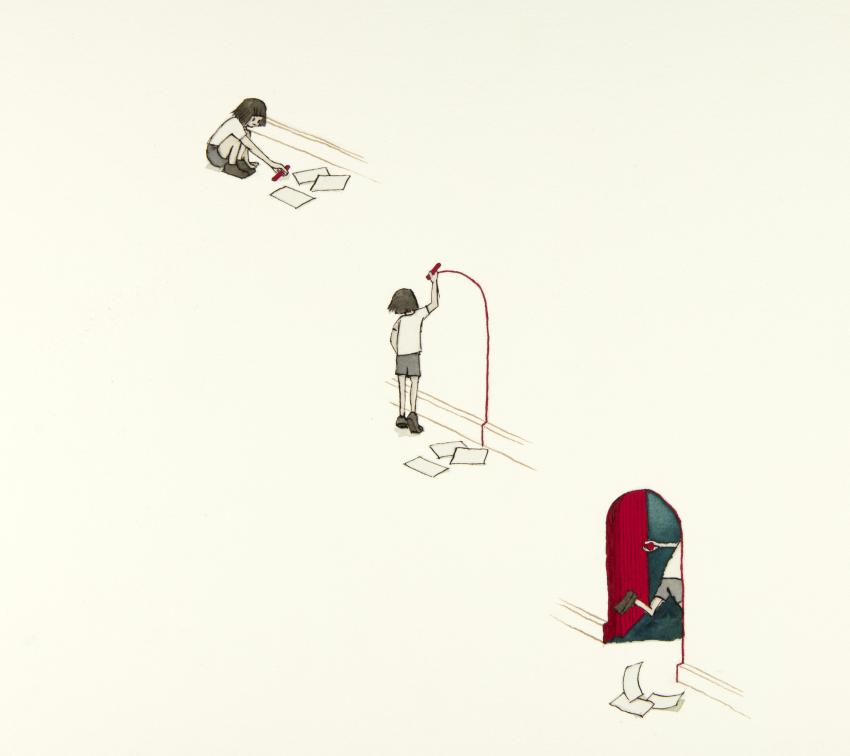 Illustration of girl drawing window then climbing in.