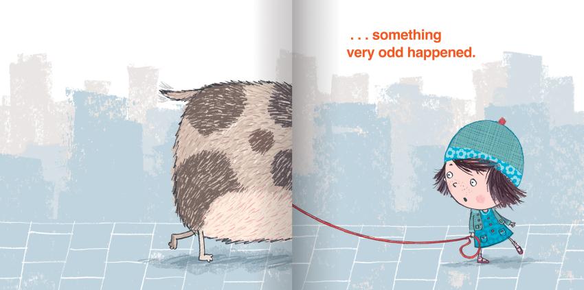 Illustration of girl walking dog.