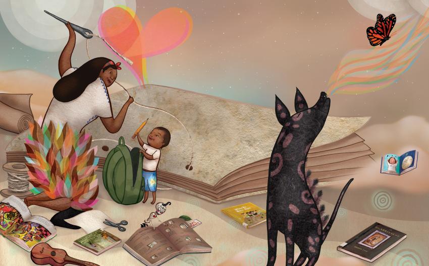 Illustration of woman and child with dog.