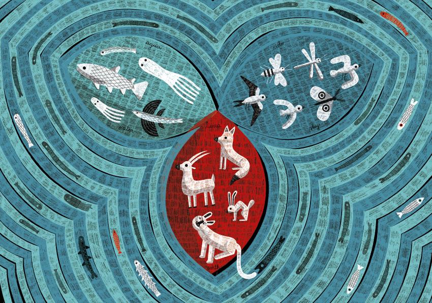 Illustration of fish and other animals