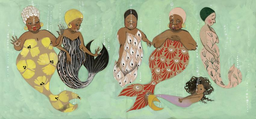 Illustration of mermaids in water.
