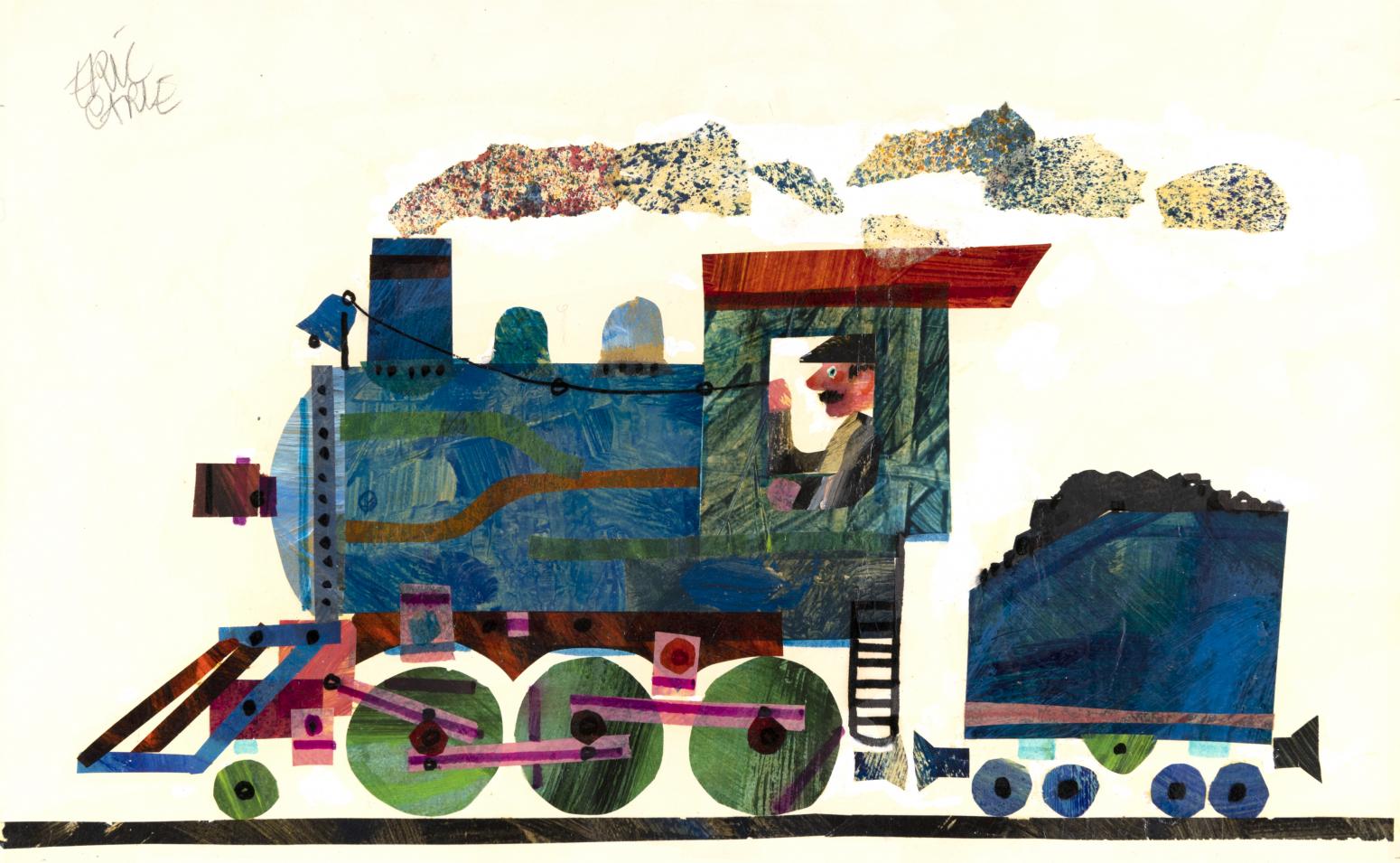 Illustration of train with conductor and coal car. 