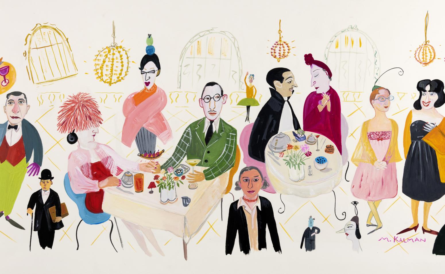 Illustration of fancy people sitting in restaurant.