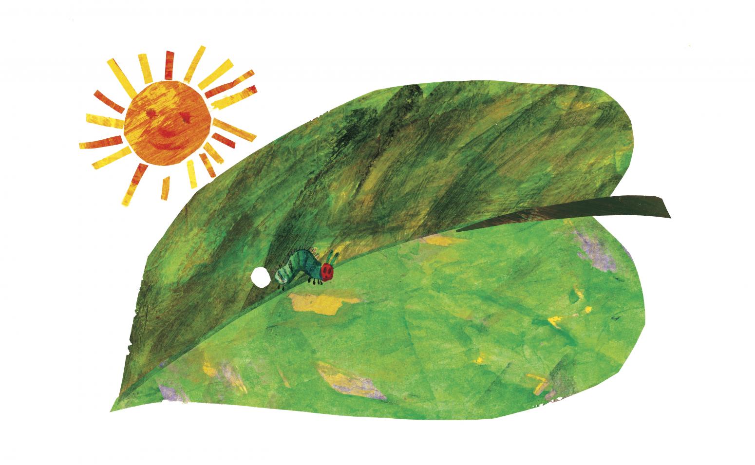 Illustration of caterpillar on leaf with hole punched out of leaf. 